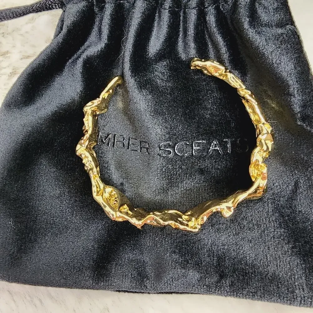Amber Sceats Emery 24K Gold Plated Chunky Textured Cuff Bracelet Adjustable NWT